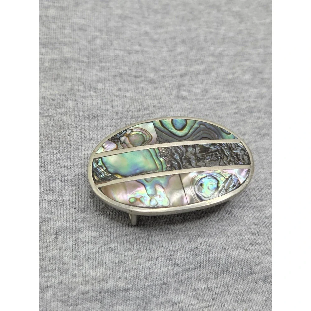 Vintage Abalone Shell Hecho En Mexico Handmade Mexican Silver Belt Buckle Womens